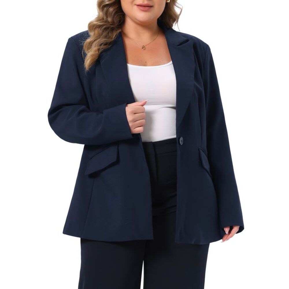 Women Plus Size Work Business Button Blazer Jacket Outfits Navy Blue